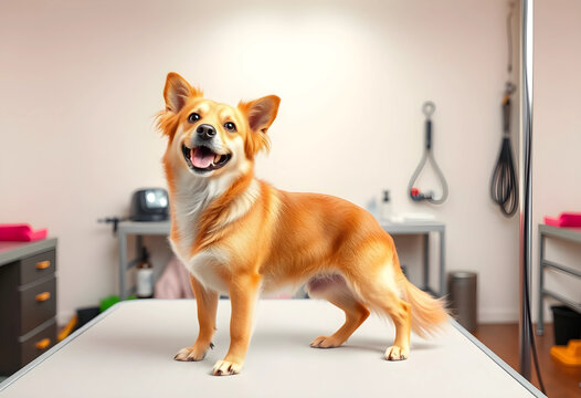 Happy golden retriever mix dog standing on a grooming table in a pet salon, looking at the camera with an open mouth, the dog looks at the camera with an open mouth