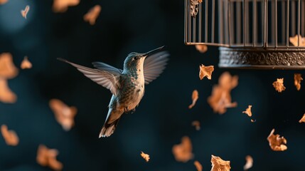 Naklejka premium The Hummingbird in Flight Among Falling Leaves and a Hanging Birdcage
