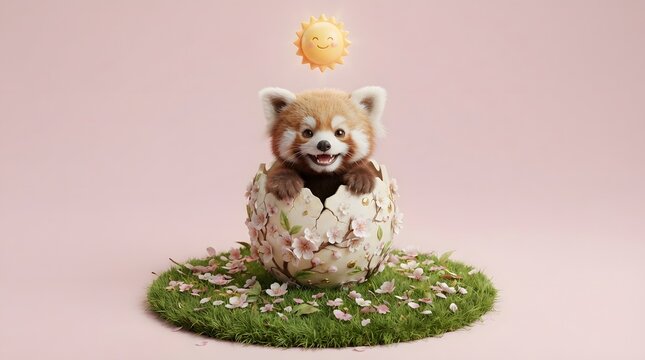 Adorable red panda emerging from cracked egg on grassy surface