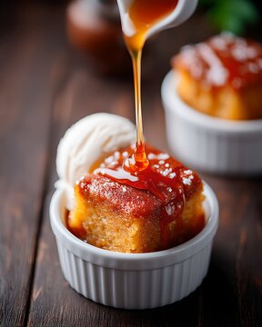 A delectable square cake with a generous pour of caramel sauce over it, served with a scoop of vanilla ice cream. The cake is moist and golden, with a rich caramel topping, perfect for a sweet treat