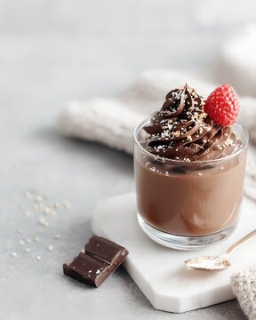 A decadent chocolate mousse dessert in a glass, topped with a fresh raspberry and a sprinkle of salt. A piece of dark chocolate and a spoon sit beside it on a marble board.