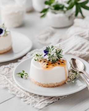 A delectable white cheesecake topped with passion fruit coulis and delicate edible flowers, presented on a white plate with a silver spoon and fork