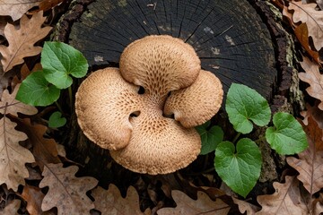 Obraz premium Dryad saddle mushroom grows on dark tree stump in spring forest. Wild ginger leaves, brown oak leaves surround fungal plant. Natural woodland scene with edible mushroom in green grove during spring