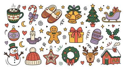 Fototapeta premium Set of cute Christmas and winter holiday hand drawn doodle elements.