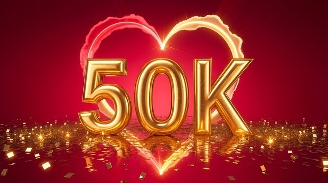 Golden 50k milestone with glowing heart and sparkling celebration background