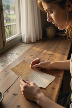 A woman sits at a wooden table, reading a handwritten letter surrounded by warm golden light and serene rural views.