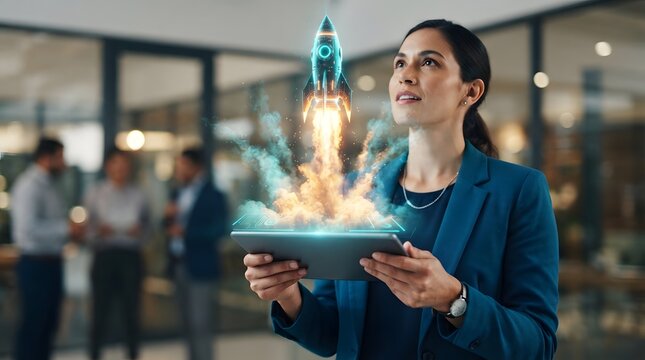 Businesswoman using tablet with holographic rocket launch in office