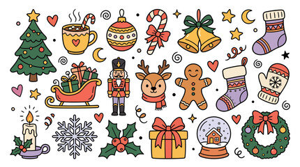 Fototapeta premium Set of cute hand drawn Christmas holiday icons and elements.
