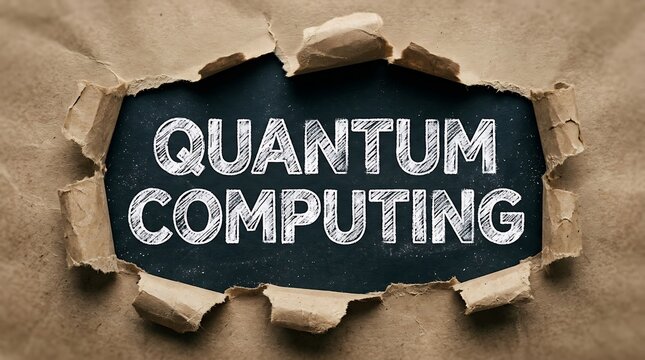 Quantum computing text revealed through a hole in torn brown paper background representing advanced future technology concepts