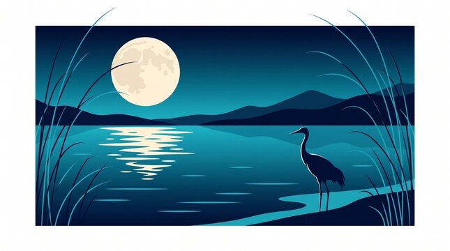 Crane moonlit lake