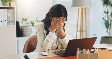 Laptop, woman and stress with burnout in office for audit pressure, mental fatigue or overwhelmed....