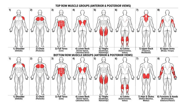 Detailed anatomical vector chart illustrating major human muscle groups, anterior and posterior views, fitness and workout educational guide.