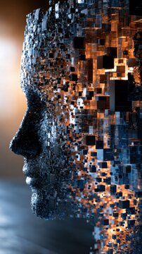 Digital human face composed of floating abstract cubes and glowing circuitry elements symbolizing artificial intelligence and futuristic technology concepts