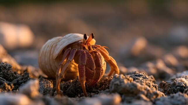A hermit crab emerges from its shell on sandy ground under warm golden light during sunrise or sunset