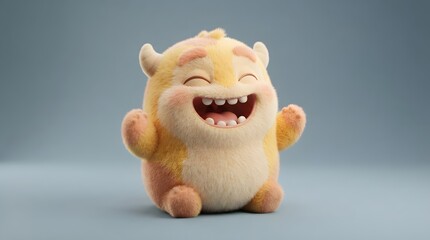 Fototapeta premium Cute plush monster toy with a joyful expression on blue background