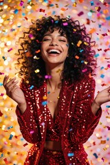 Obraz premium Young woman in red sparkly outfit laughs joyfully amid colorful falling confetti. Her curly hair and expressive face show pure happiness and excitement at a vibrant indoor party event.