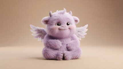 Fototapeta premium Adorable purple plush creature with wings on beige background