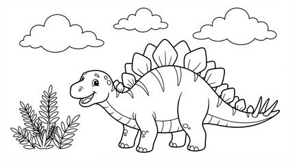 Fototapeta premium Cute stegosaurus dinosaur coloring page for kids with clouds and bush