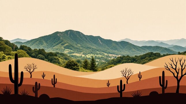 Desert landscape with cacti and rolling hills under green mountains. Dry sand dunes contrast with lush vegetation, evoking a serene arid environment. Peaceful nature scene.