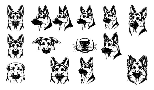 German Shepherd dog portrait vector collection with black and white outline and silhouette designs
