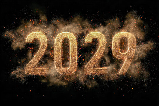 Fiery golden numbers sparkling and glowing against a dark background symbolizing the year 2029 with vibrant burning embers and smoke effects