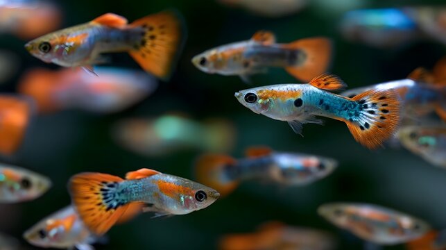 Colorful guppies swim gracefully through clear water  their vibrant orange and blue fins flowing gently as they move