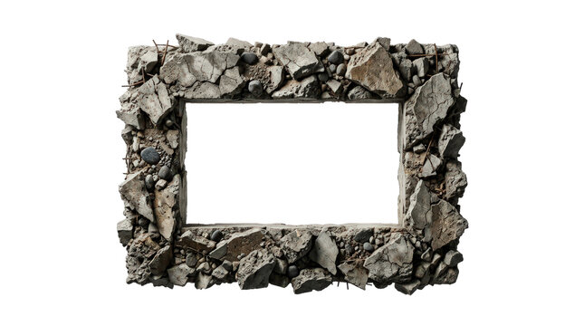 Empty picture frame made of broken concrete and rebar isolated on transparent background