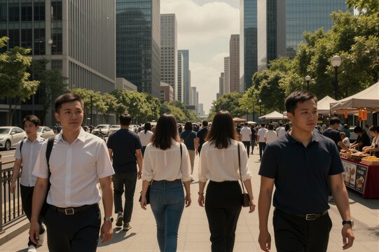 A bustling urban pedestrian scene unfolds with office workers taking a break from their lunchtime duties to stroll through city streets amidst modern skyscrapers.