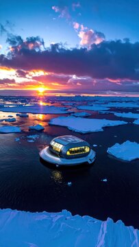 Futuristic pod among Arctic icebergs.