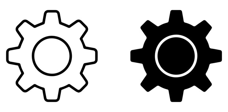 gear settings icon set with outline and solid cog symbols for mechanical engineering maintenance repair industrial equipment and technical control PNG