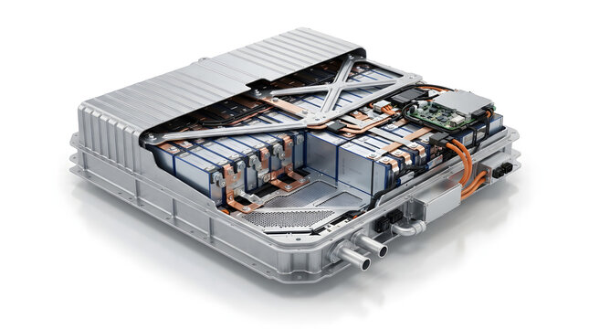 Modern 3D cutaway illustration of an electric vehicle battery pack with lithium ion cells, cooling system, copper connections and battery housing