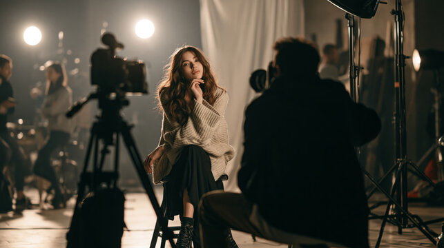 Model posing in a cozy studio photoshoot with photographer and cinematic lighting for fashion portrait