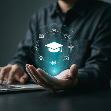 Holographic graduation cap sphere floating over hand to represent online education networks.