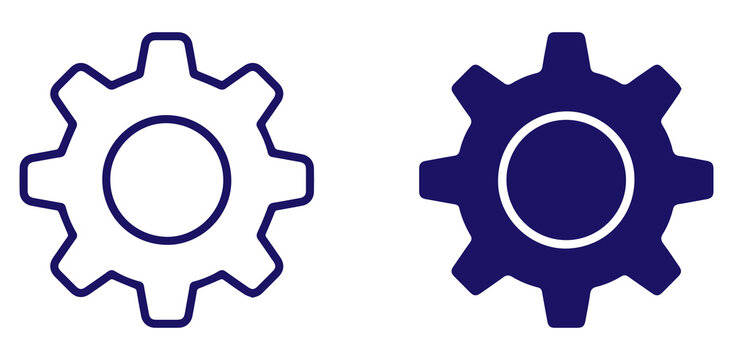 gear settings icon set with outline and solid cog symbols for mechanical engineering maintenance repair industrial equipment and technical control PNG