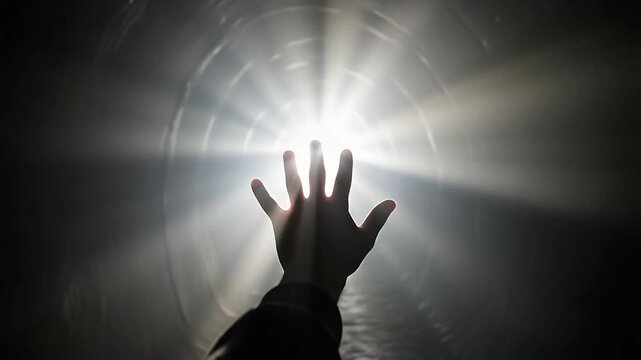 Human Hand Reaching Towards Bright Mysterious Light Source in Darkness