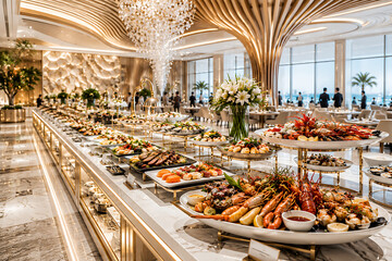 Obraz premium Elegant Barcelona Church Interior with Festive Christmas Market Decor, Fresh Fruit, Vegetables and Colorful Holiday Buffet Display in a Historic Sacred Space