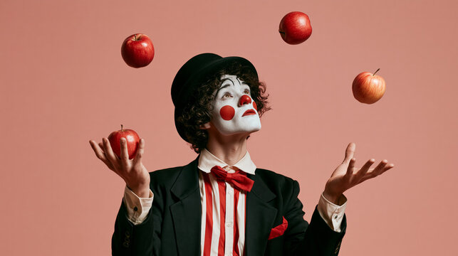Clown mime performer in suit and bow tie juggling red apples against pink background