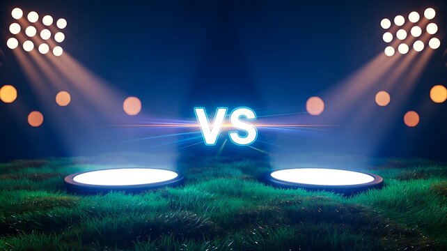 Vs sports competition scene with two illuminated fields and stadium lights