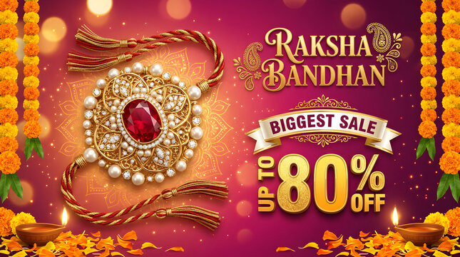 Raksha bandhan biggest sale promotion banner with golden jeweled rakhi and marigold flower garlands on pink background.