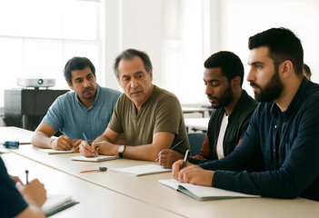 Fototapeta premium Diverse group of adult students taking notes during a classroom lecture or business meeting, focused on learning and collaboration