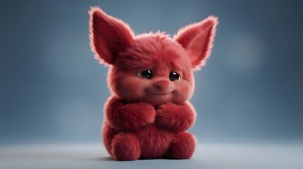 Fototapeta premium Adorable fluffy pink creature with large ears on blue background