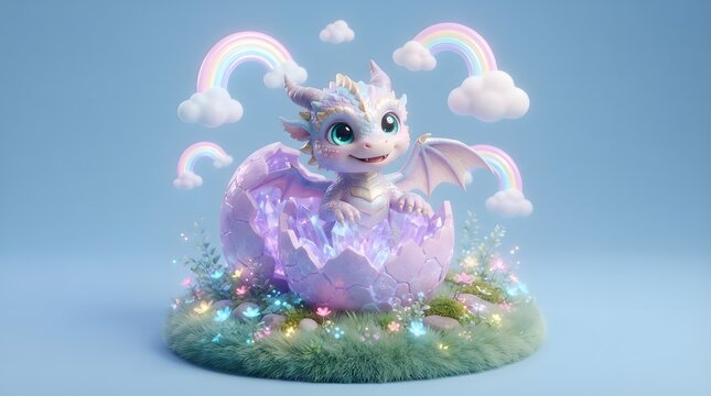 Adorable baby dragon hatching from egg with rainbows and clouds