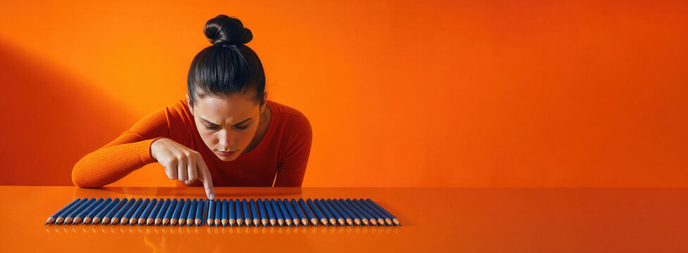 Woman with obsessive compulsive disorder lining up pencils in a row. Psychological focus on perfectionism and symmetry. Banner with copy space