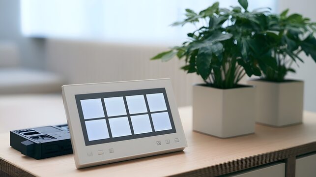 A sleek white smart home control panel sits on a wooden surface beside potted plants and electronic devices