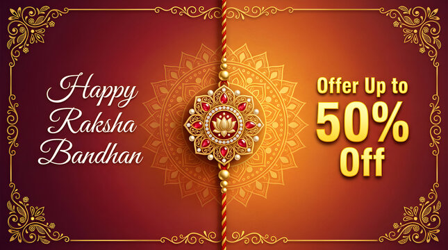 Raksha Bandhan sale banner with decorative rakhi and fifty percent discount offer for festive marketing campaign