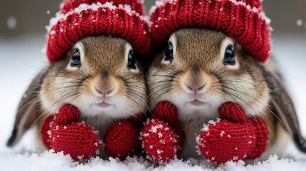 Obraz premium Two cute bunnies wear red hats and mittens in a snowy forest. Small animals look curious and cozy, enjoying winter fun. Adorable rabbits wear winter attire.
