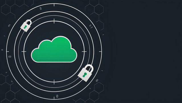 Futuristic encrypted cloud vault with security rings and padlocks, tech background