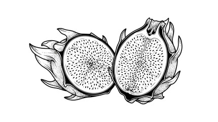 Obraz premium Dragon fruit sliced in half revealing textured pulp with tiny black seeds and scaly pink peel in detailed sketch style.