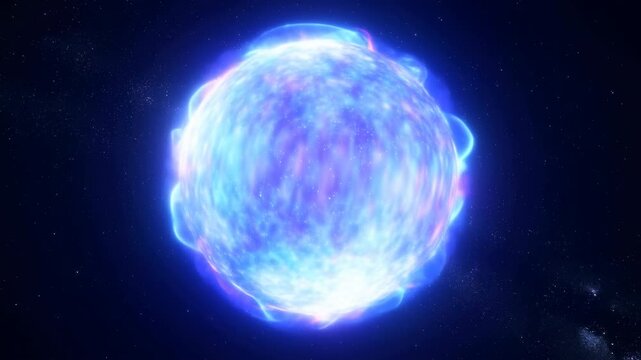 Luminous blue white star with glowing halo, violet flares, and turbulent plasma bands shining from deep space against dark cosmic background, with star, stellar, space, cosmic detail