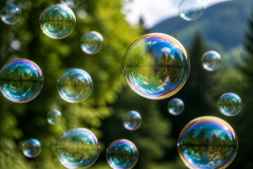Obraz premium Floating soap bubbles reflecting trees in outdoor scene